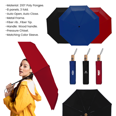 21'' Auto Open-Close 3 Fold Umbrella with Wooden Handle 12