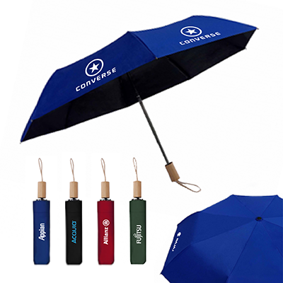 21'' 3 Fold Black Coated Umbrella with Wooden Handle 01