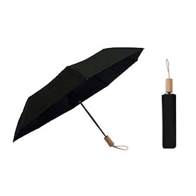 21'' 3 Fold Black Coated Umbrella with Wooden Handle 06
