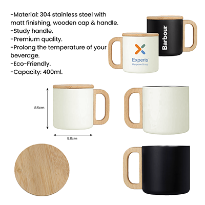 ASHLEY Wooden Handle Stainless Steel Mug – 400ml 10