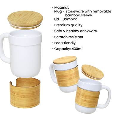STONEWARE Ceramic Mug with Bamboo Sleeve Lid - 430ml 09