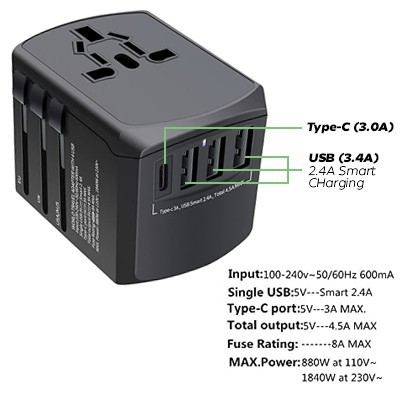 SWIFT Travel Adapter Triple USB and Type-C Charger 12