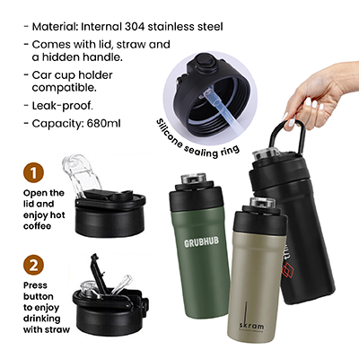 TIGO Stainless Steel Bottle with Straw Carry Handle - 680ml 11